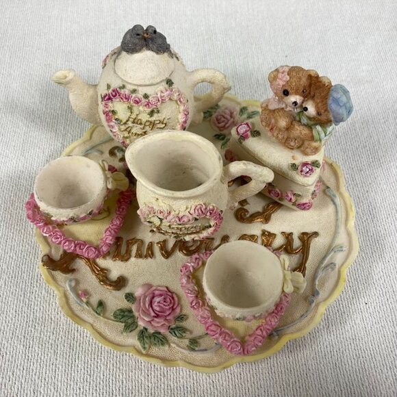 1996 Popular Imports Resin Tea Set Lot • Happy Anniversary Plate & Pieces - Picture 8 of 9